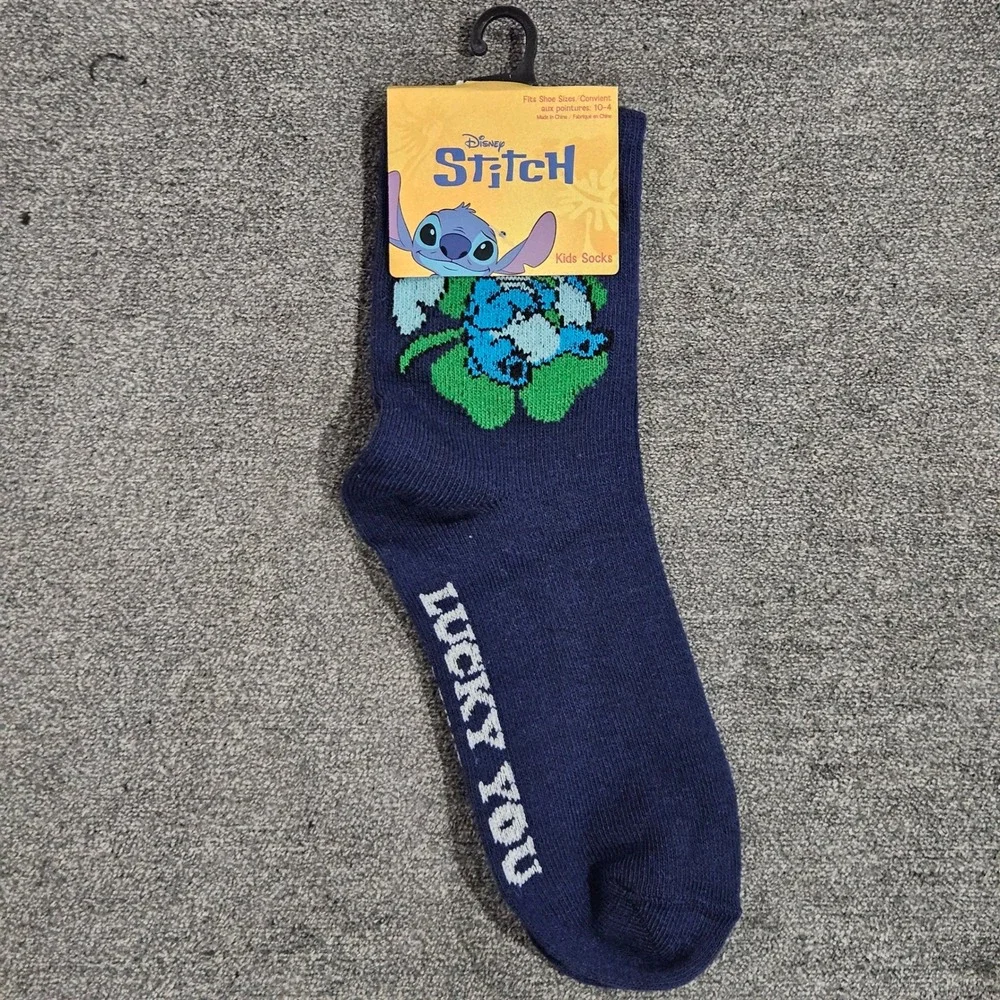 Disney Stitch‎ Kids Crew Socks St Patricks Day Lucky You Navy Blue Size 10-4 NEW